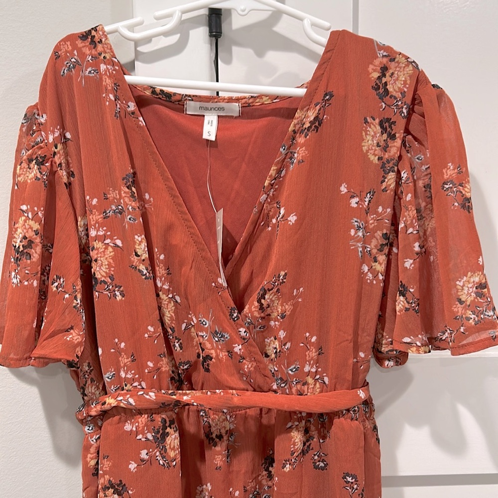 Floral Rust Dress with Flutter Sleeves